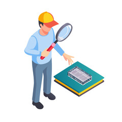 Vector illustration of technician inspecting chip with magnifier, isolated on white background