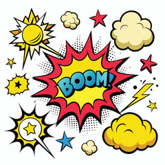 Cartoon comic sign burst clouds. Speech bubble, boom sign expression and pop art text frames. Comics mem expressions speech, superhero book bubbles label. Isolated vector symbols set 