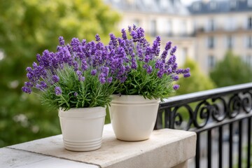 Blooming lavender flowers growing in white ceramic pots on balcony with Paris cityscape in background