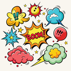 Cartoon comic sign burst clouds. Speech bubble, boom sign expression and pop art text frames. Comics mem expressions speech, superhero book bubbles label. Isolated vector symbols set 