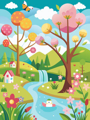 Fototapeta premium Charming Spring Landscape. Waterfall. Flowers. and Cute Animals