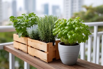 Aromatic herbs growing in wooden box and pot on balcony
