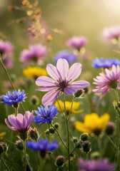 Fototapeta premium Vibrant wildflowers in full bloom, bathed in warm sunlight, create a serene natural scene.