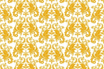 Seamless pattern with gold floral ornament in baroque style for wallpaper, background, textile, card, fabric, wrapping paper, decoration, print, packaging, etc. Ornate damask flower ornament.