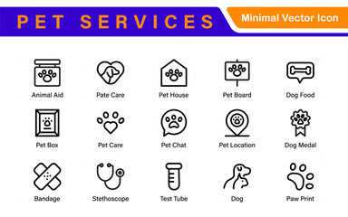 Pet Services and Animal Care Icon Set &ndash; Minimal Line Vector Illustrations for Pet Sitting, Grooming, Veterinary, Training, and Animal Health Projects