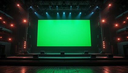 Empty stage with a bright green screen illuminated by spotlights and a wooden floor below.