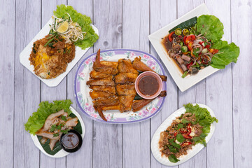 grilled chicken on plate, style thai food.