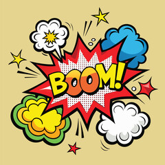 Cartoon comic sign burst clouds. Speech bubble, boom sign expression and pop art text frames. Comics mem expressions speech, superhero book bubbles label. Isolated vector symbols set 