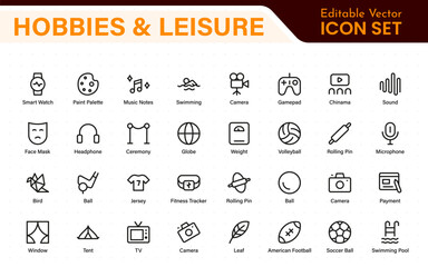 Creative Hobbies and Leisure Icons – Clean Outline, Line Art, Vector Illustrations for DIY Crafts, Outdoor Fun, Entertainment, and Recreation Projects