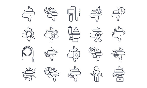Set of line icons showing gut-related disorders and treatments. Includes intestine, inflammation, colon, microbiome, colonoscopy, and other digestive health conditions.