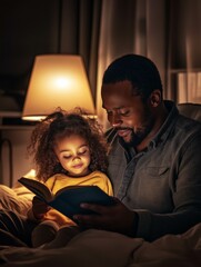 Afro-american father and daughter reading a book together in the evening sitting in the room next to the lamp