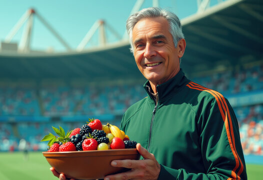 Athletics coach presenting a vibrant fruit bowl to the viewer