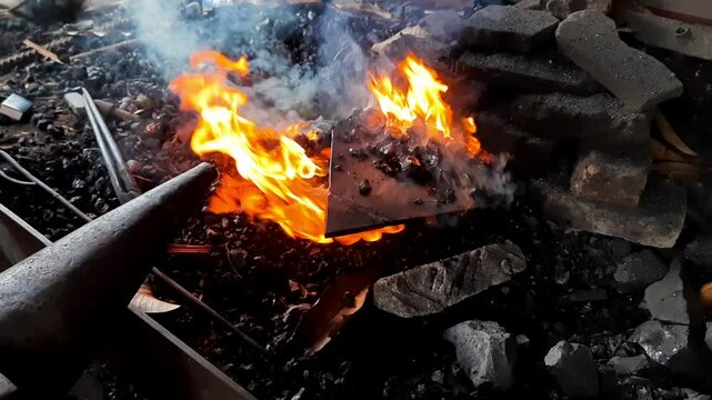 Hot Steel Heated in Traditional Blacksmith Forge