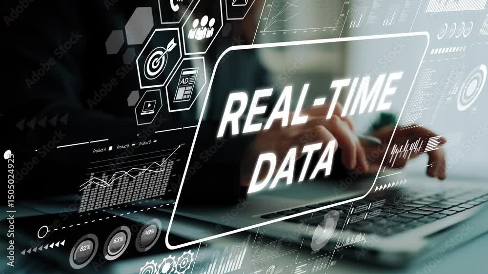 Poster real-time data analysis with technology and digital graphs for business decision making and insights