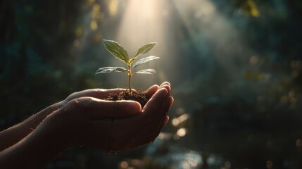 Fototapeta premium Nurturing Hope: A delicate seedling cradled in gentle hands, symbolizing growth, renewal, and the promise of a thriving future under the soft glow of sunlight.