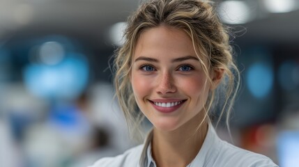 A confident young female doctor smiling in a white coat, embodying professionalism and trust in healthcare.
