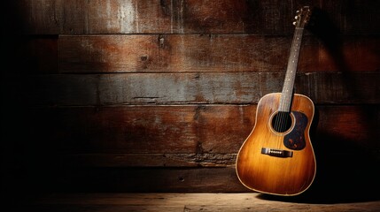 Naklejka premium Acoustic guitar by a wooden wall, evoking warmth and simplicity 