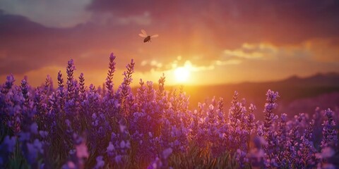 Bees buzzing over vibrant lavender flowers as the sun sets
