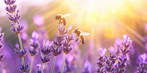 Bees buzzing over vibrant lavender flowers as the sun