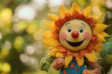 Fototapeta premium Cheerful sun-themed cartoon sunflower doll with a playful clown face, bringing a joyful holiday vibe.