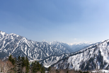 黒部平パノラマテラスから見下ろす黒部湖と雪山の風景
