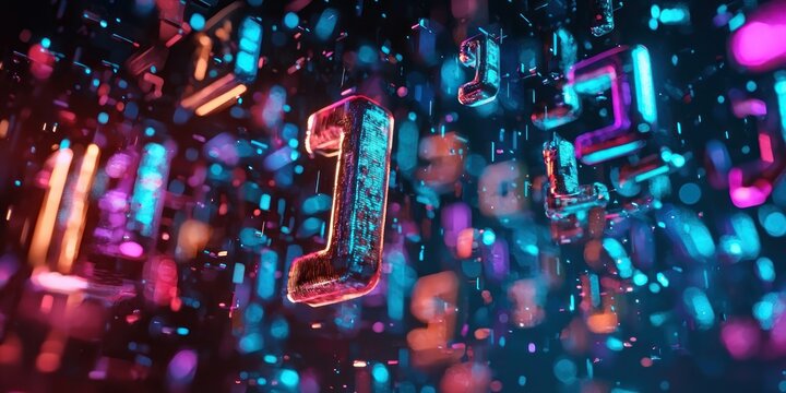 Bold, metallic letters floating in space with neon reflections