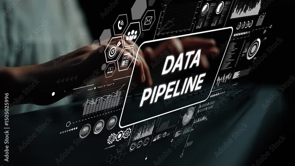 Poster hands of a professional interacting with data pipeline interface displaying analytics and graphs in 