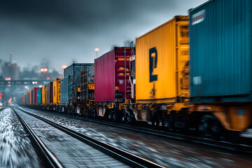 Fototapeta premium A long freight train carrying multiple containers through an open countryside or industrial zone