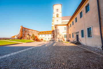 Benedictine abbey, monastery and church on the rocky cliff and Vistula river. Tyniec near Krakow, Poland.