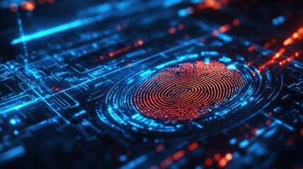 Advanced digital fingerprint scanner glowing with high-tech biometric security patterns.