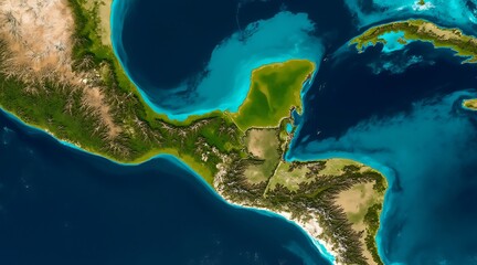 High-angle view of the yucatan peninsula and surrounding caribbean waters satellite illustration
