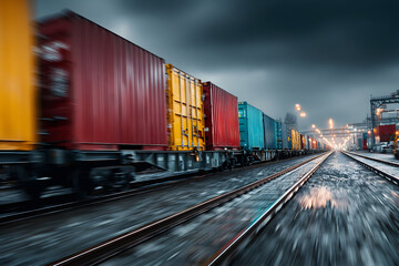 Obraz premium A long freight train carrying multiple containers through an open countryside or industrial zone