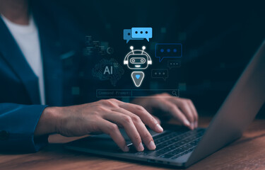 Man using hand AI, Artificial Intelligence to generate content. Text to image, speech, smart AI, by...