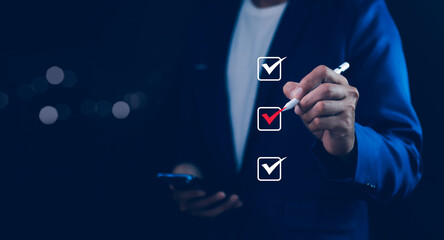 Businessman tick correct mark to approve document iso checklist icon.checkmark quality management quality assurance or QA and quality control or QC and improvement, Standardization and certification.