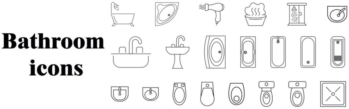 Bathroom furniture top view. Architectural uncoloured set for interior design. Vector collection. Baths, shells, toilets, bidets, urinals, showers. View from above. Vector illustration in flat style