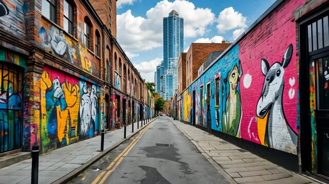 Vibrant alleyway with colorful graffiti murals covering brick buildings in artistic urban neighborhood on a sunny day