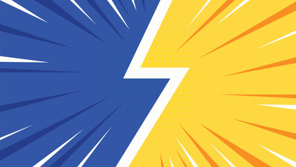 A dynamic background split diagonally with blue on the left and yellow on the right, featuring a white zigzag in the center and radiating comic-style lines. © Maulida