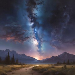 Illustration of wild landscape with milky way nebula and stars on the bright night sky.