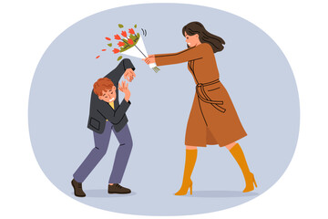 Woman hits groom with bouquet because of betrayal and finding out fact of adultery. Conflict between man and angry girlfriend, reacting negatively to advances or gifts, after adultery
