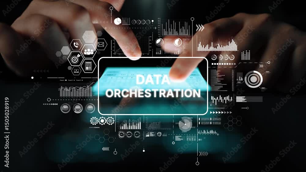 Poster hands over digital interface with data orchestration text, graphs, and design showcasing modern anal