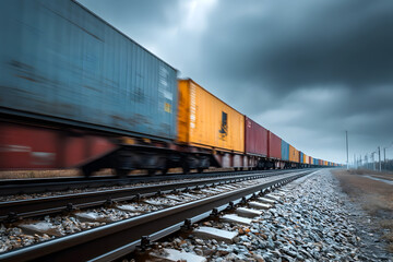 Fototapeta premium A long freight train carrying multiple containers through an open countryside or industrial zone