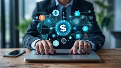 Man in suit typing on laptop with digital currency icons displayed above keyboard in a modern setting