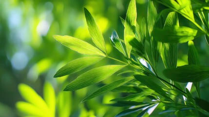 Vibrant green leaves illuminated by sunlight, showcasing intricate vine patterns and natural texture in a blurred forest background