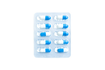 White and blue medical pills in transparent blister pack isolated on white background, Medical pills capsule