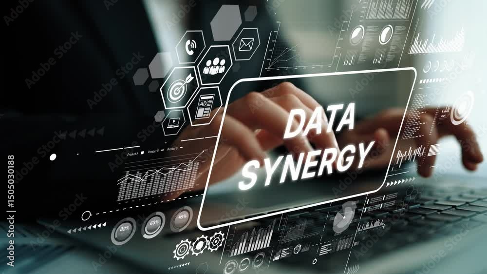 Poster hands typing on laptop with data synergy concept visualization in modern digital environment. asympt