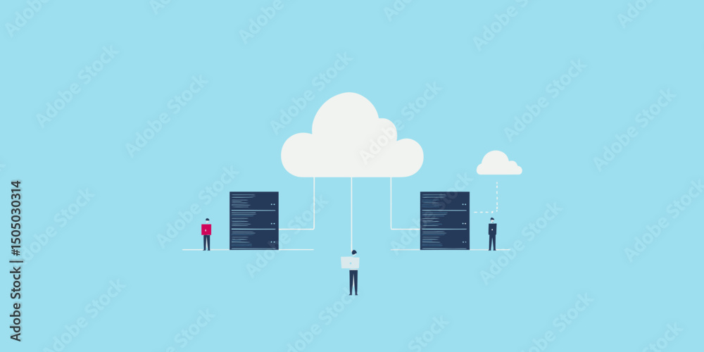 Poster cloud storage network connection with data servers and people managing online server technology and 