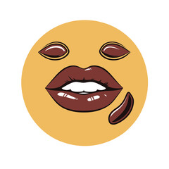 Close up glossy brown lips with white teeth mouth and decorative brown shapes on yellow circle background flat vector illustration beauty cosmetics concept