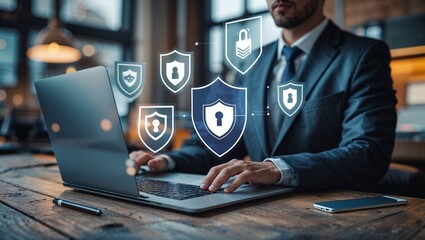 Man working on laptop with security shields overlayed for data protection and cybersecurity concept