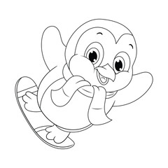 Cheerful Baby Penguin Wearing a Little Scarf Sliding on Snow Coloring Page
