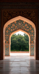 Obraz premium Ornate archway framing verdant trees, a glimpse into nature's tranquility. Architectural marvel meets serene garden view.